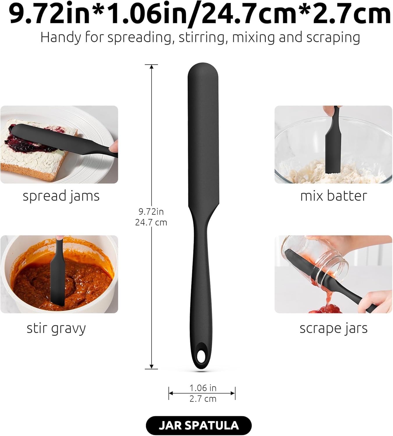 U-Taste Skinny Silicone Jar Spatula: 600ºF Heat-Resistant Food-Grade 10in Long Narrow Sourdough Stirring Stick, Seamless Flexible Peanut Butter Spreader for Scraping Icing Bread Cream, Jam (Black)