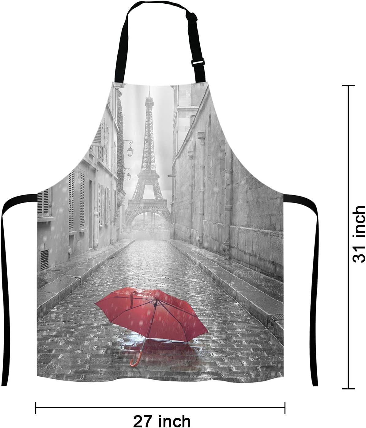 Paris France Apron, Red Umbrella in Rain Eiffel Tower Unisex Kitchen Bib with Adjustable Neck for Cooking Gardening,Adult Size