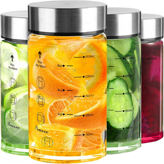 Glass Juice Bottles 4 Pack 10 oz - Wide Mouth Glass Water Bottles with Lids - for Juicing, Protein, Smoothie, Milk, Reusable, BPA Free, Stainless Steel Lids, Blender, Shaker Bottle [10oz/300ml]