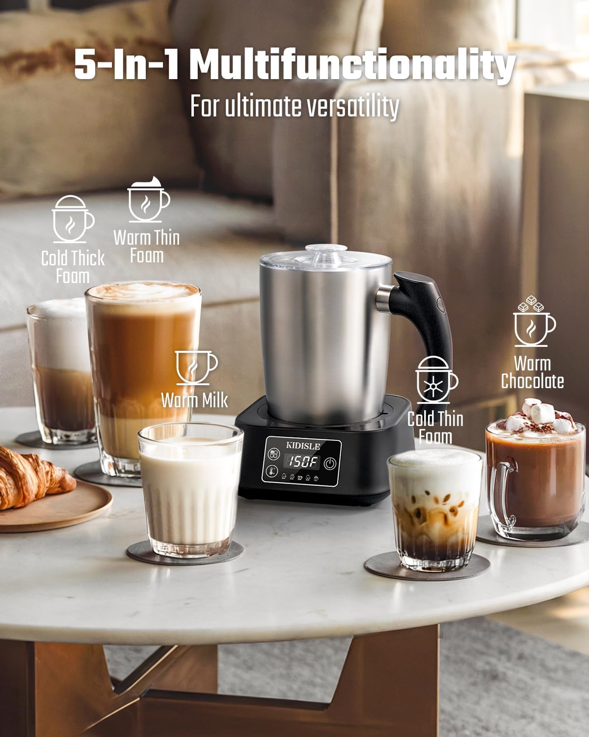 5-in-1 Milk Frother and Steamer, 17oz Detachable Frother with Adjustable Temperature, Stainless Steel Milk Steamer, Hot & Cold Foam Maker for Coffee, Latte, Hot Chocolate, Dishwasher Safe