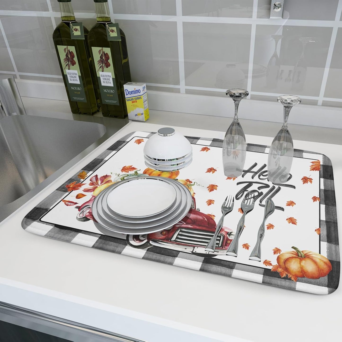 Hello Fall Pumpkin Dish Drying Mat for Kitchen Counter Decor 18x24 Inch Red Truck Harvest Absorbent Reversible Microfiber Dish Drying Pad Buffalo Check Plaid Dish Drainer Rack Mats for Coffee Bar
