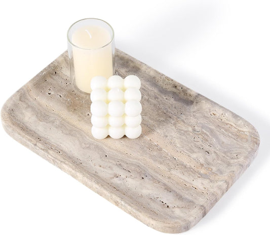Marble Vanity Trays, Travertine Bathroom Tray, Decorative Tray for Dresser Countertop, Grey Stone Serving Holder for Kitchen, Storage Trays for Perfume, Jewelry Candle Organizer