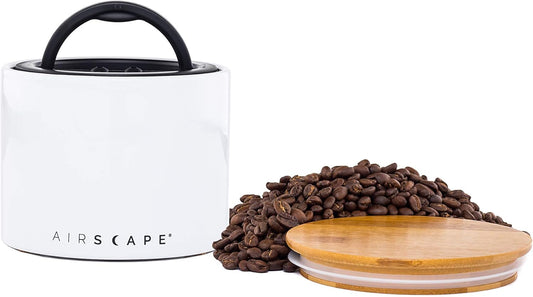 AirScape Planetary Design Ceramic Coffee and Food Storage Canister – Small 4-inch – US Patented Airtight Inner Lid – White with Bamboo Top