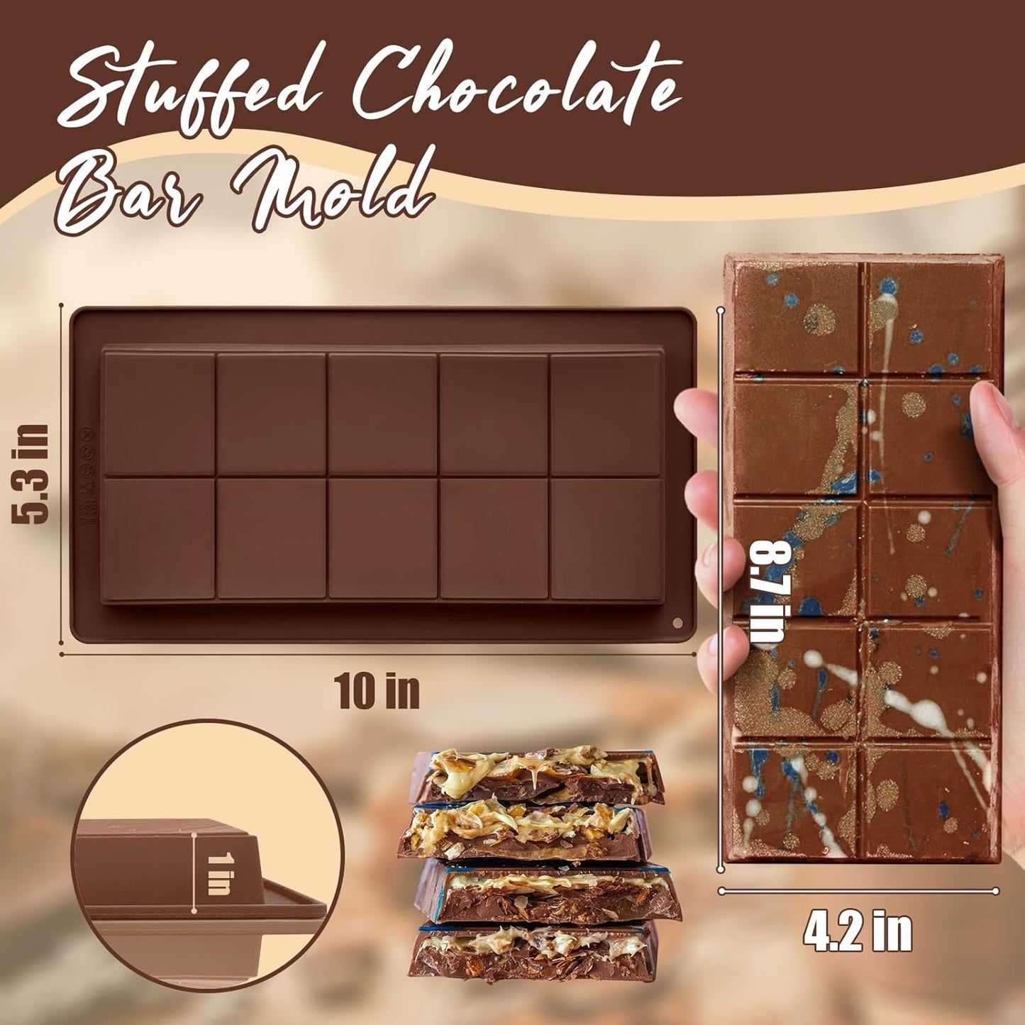 HKNMTT Chocolate Bar Molds Silicone, Large Stuffed Dubai Pistachio Deep Bar Moulds Kit 1 Inch Thick Big Pack of 2, Ideal for Homemade Making Bar Candy Bar Bpa Free DIY