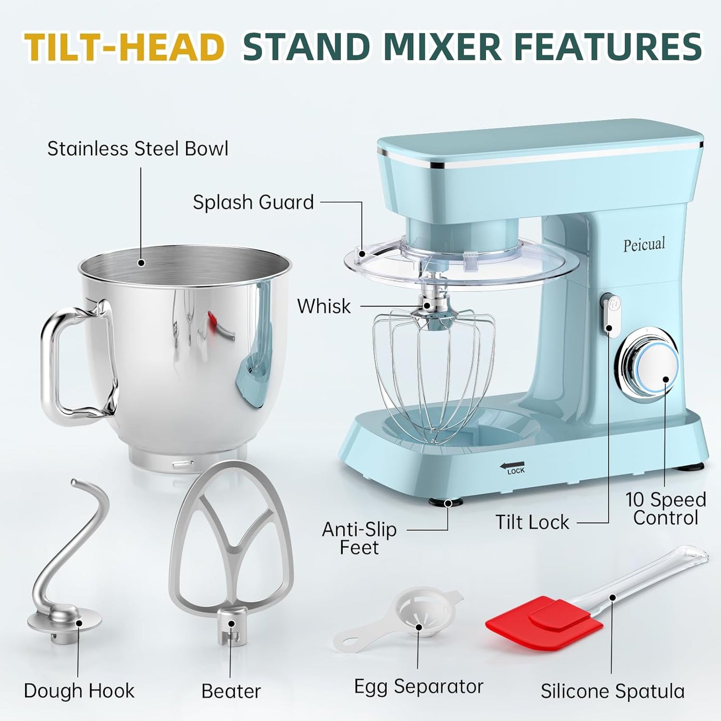 Stand Mixer, 6QT 10+P Speed Tilt-Head Kitchen Electric Mixer, Food Mixer with Stainless Steel Bowl, Dough Hook, Flat Beater, Wire Whisk, Splash Guard-Blue