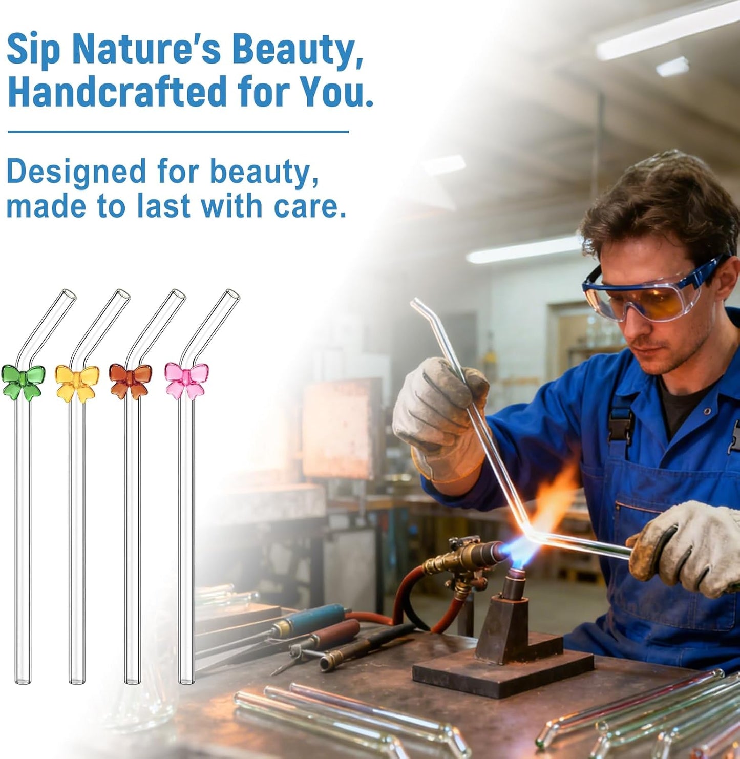 Cute Glass Straws with Charms, Purple Bow Glass Straws Bent, 8mm x 9 Inch Borosilicate Reusable Drinking Straws Clear, Decorative Fun Design for Party Cocktails and Adults, 8 Pack with Case & 2 Brush