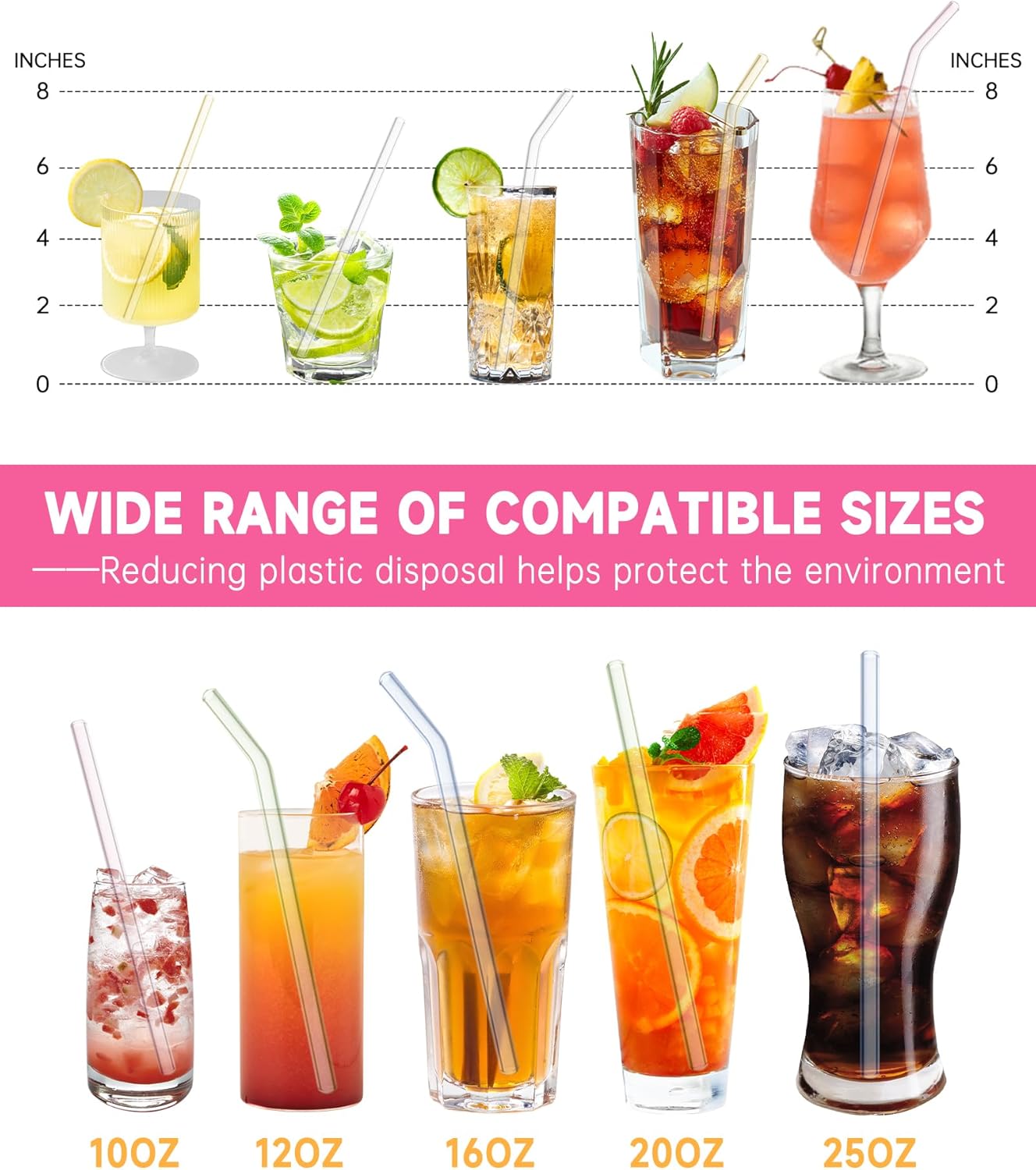 Reusable Glass Straws Shatter Resistant 8” x 8mm, 10 Pcs Colorful Glass Drinking Straws with 2Pcs Cleaning Brush, Including 5 Straight and 5 Bent Reusable Straws for Beverage, Milk, Juice, Coffee