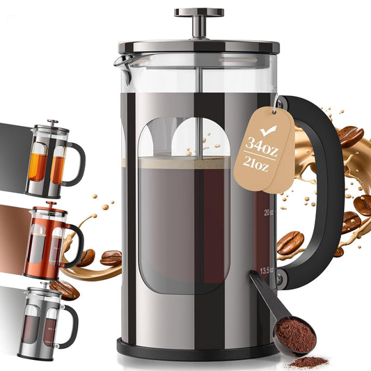 Veken French Press Coffee Maker 34oz 1 L, No Plastic Touching Cafe, Heat Resistant Thickened Borosilicate Glass, Stainless Steel Brewer,Cold Brew Cafetera Teapot for Kitchen Travel Camping,Dark Pewter