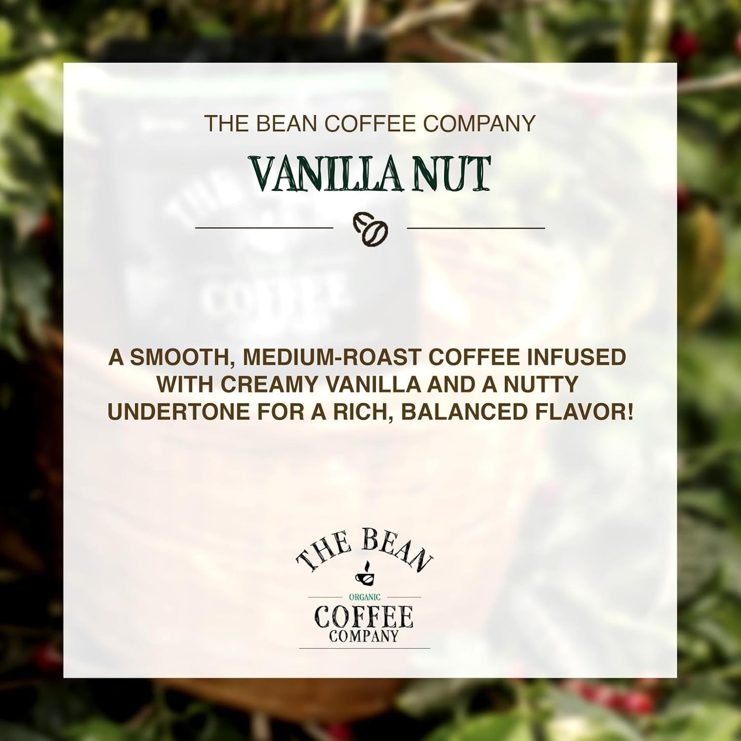 The Bean Organic Coffee Company Vanilla Nut, Medium Roast, Ground Coffee, 16-Ounce Bags (Pack of 2),Café molido tostado organico