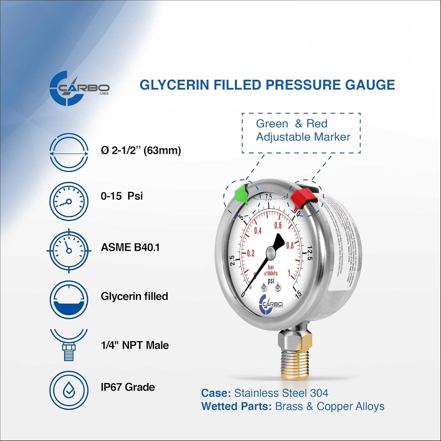 Stainless Steel Pressure Gauge Dual Display (0-15 psi/kPa) - 2 1-2" Glycerine Liquid Filled Water Air Oil Gas Gauge with Polycarbonate Lens & Brass Connection - 1/4" NPT