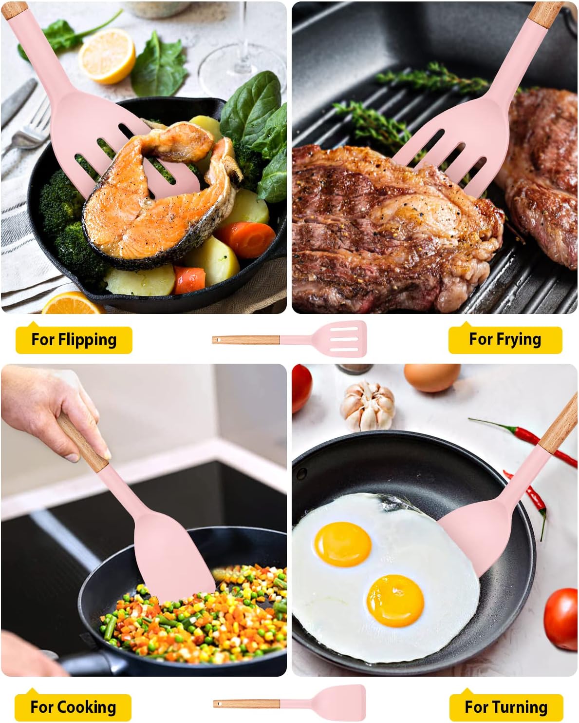 Pack of 2 Silicone Cooking Spatula, Heat Resistant Solid Turner, Non Stick Slotted Spatulas with Wooden Short Handle,Ideal Wood Kitchen Utensils Set for Frying, Baking, Flipping, Turning