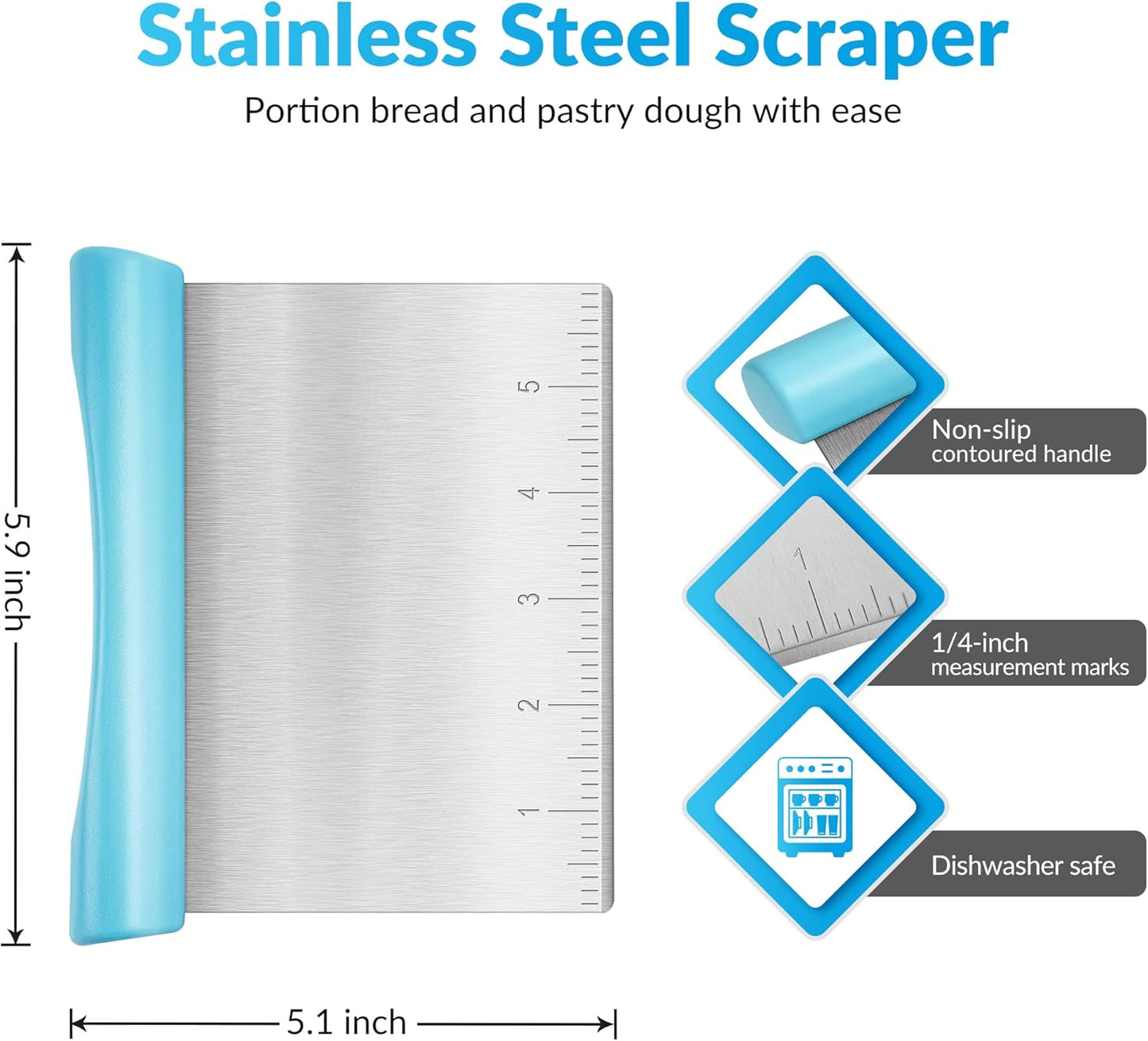 Rainspire Bench Scraper, Stainless Steel Dough Scraper, Pastry Scraper, Pizza and Dough Cutter Multi-Purpose Scraper/Chopper, Pizza Cutter Food Chopper Baking Supplies Kitchen Gadgets, Blue