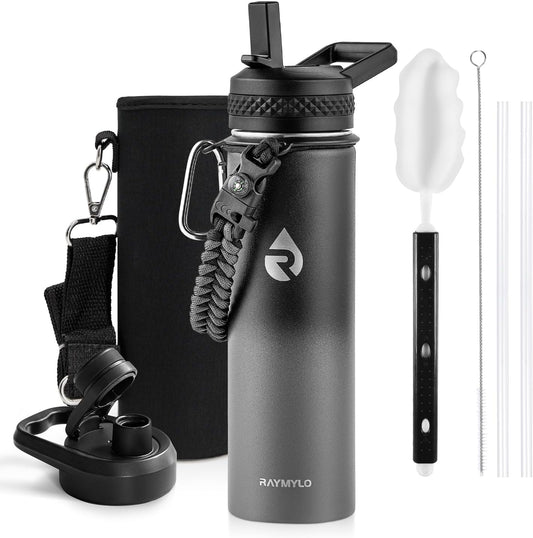 Insulated Water Bottle 20 oz, Triple Wall Vacuum Stainless Steel (Cold for 48 Hrs), Leak Proof & Non-BPA, Kids Water Bottle Jug for School with Straw Spout Lids, Dark Gray