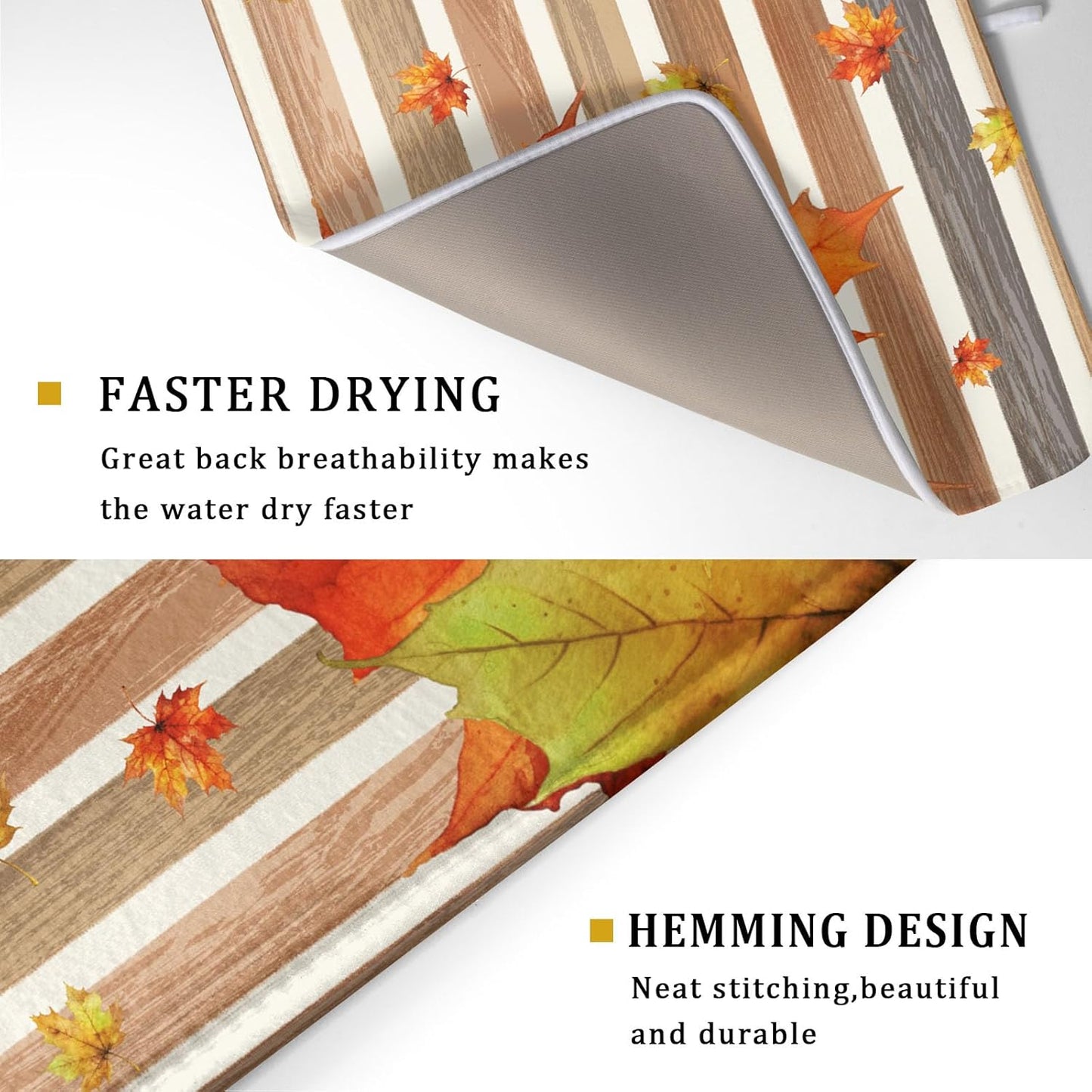 Autumn Golden Maple Leaf Dish Drying Mat for Kitchen Counter,Rural Wood Light Brown Stripes Drying Mat 18 x 24 Inch Microfiber Dish Drying Pad Dish Rack Drainer Mat for Coffee Bar