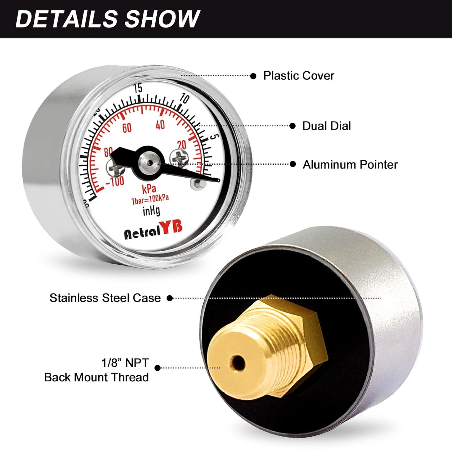 1inch Vacuum Pressure Gauge, 30Inhg-0/-100Kpa-0,1" Dial, 1/8 NPT Back Mount, 304 Stainless Steel Case, Brass Internal, for Vacuum Test