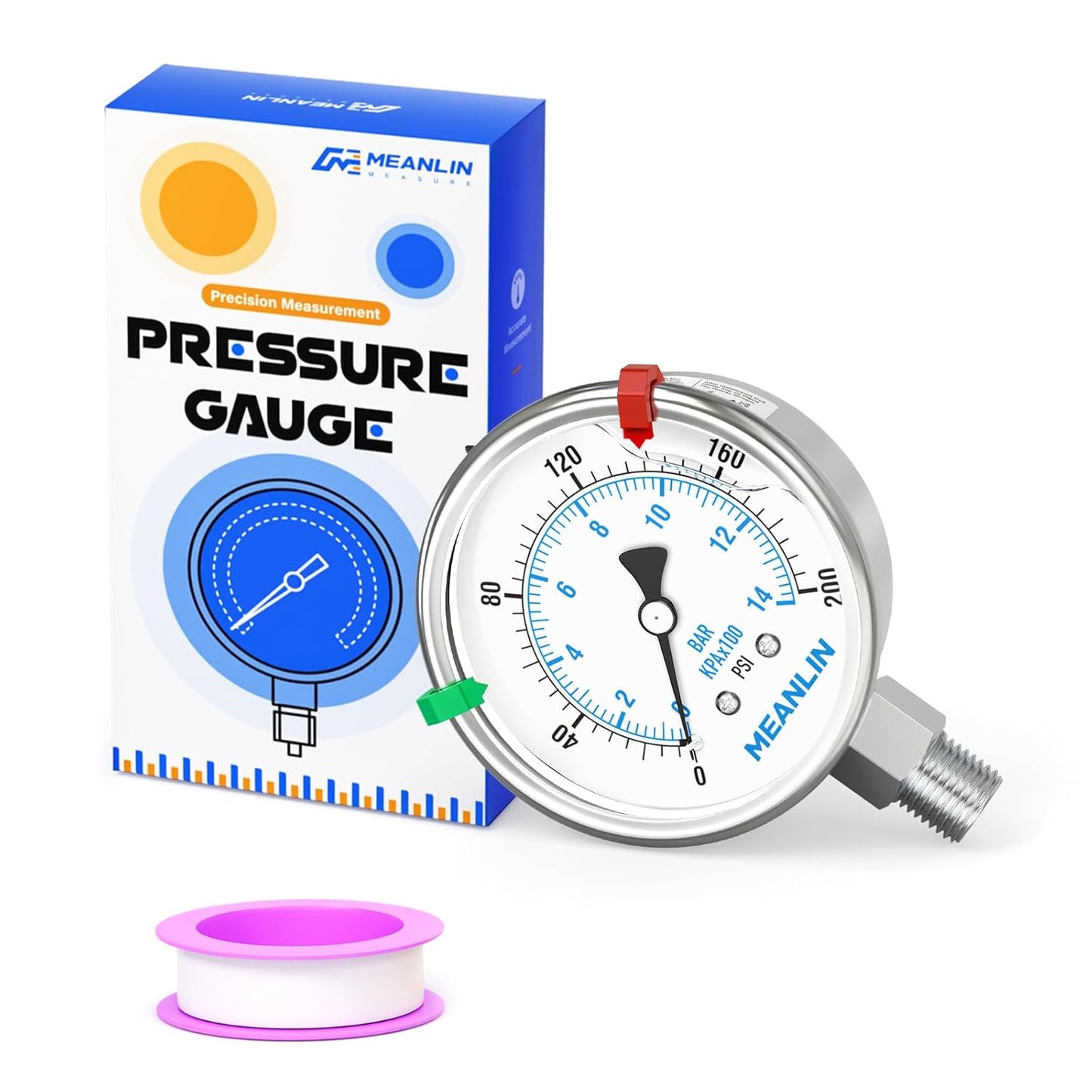 MEANLIN MEASURE 0~200Psi Liquid Filled Pressure Gauge Stainless Steel with 316 Stainless Steel Joint 1/4" NPT 2.5" FACE DIAL for Air Compressor Air Regulator Water Filter Lower Mount, with 2PCS Snaps