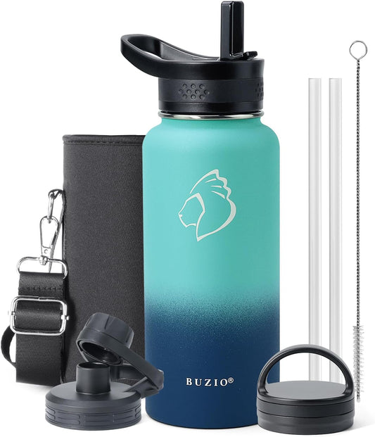 BUZIO 32 oz Water Bottle Insulated with Straw & 3 lid and Carrying Pouch, Leak Proof Anti-Slip Stainless Steel Water Flask Jug, Cold for 48 Hrs Double Vacuum Thermo Canteen, BPA-Free, Caribbean Blue