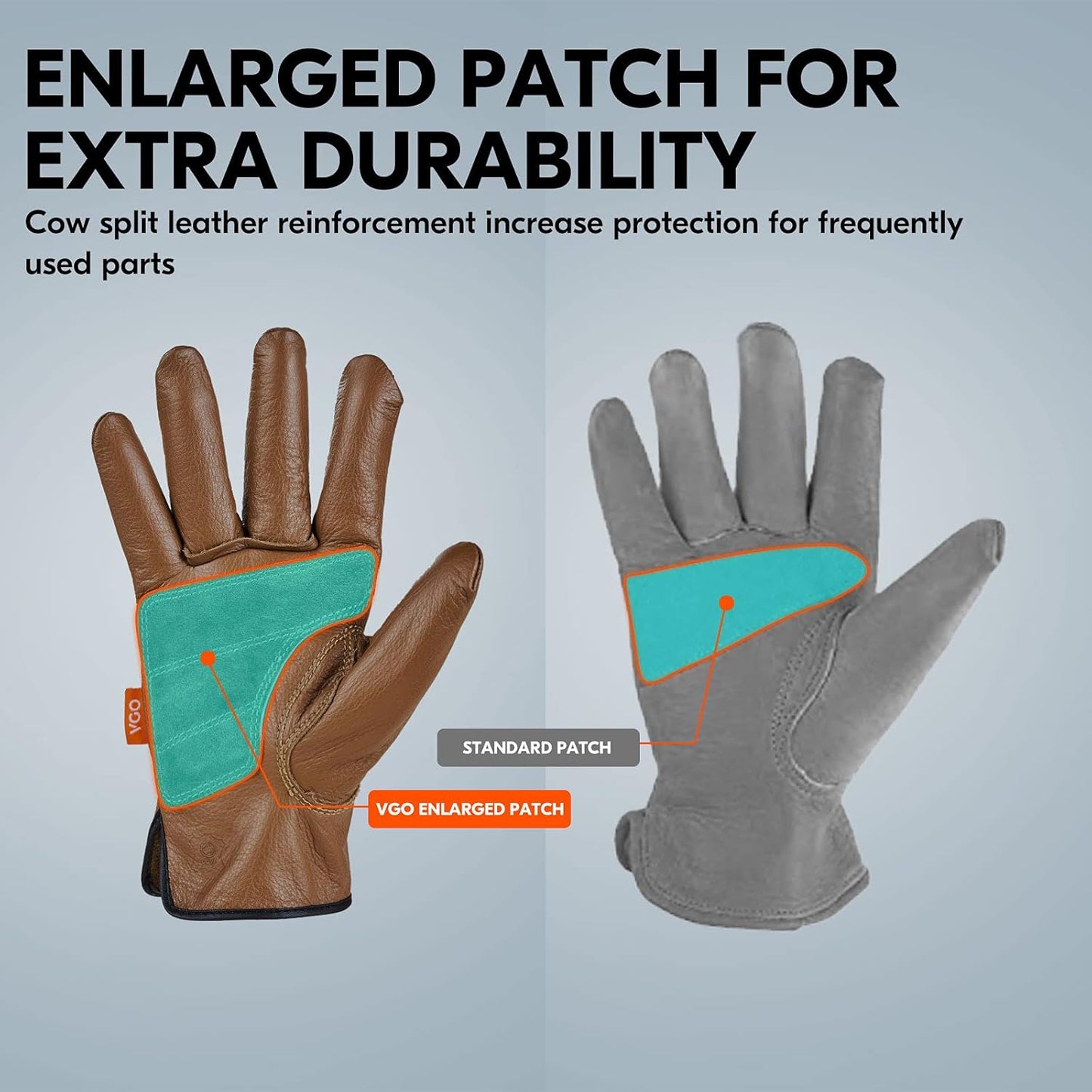 Vgo... 1-Pair Unlined Safety Cow Grain Leather Work Gloves Men, Rigger Gloves, Builder Gloves, Water Resistant, Palm Patched (Size M, Brown, CA9597WP)