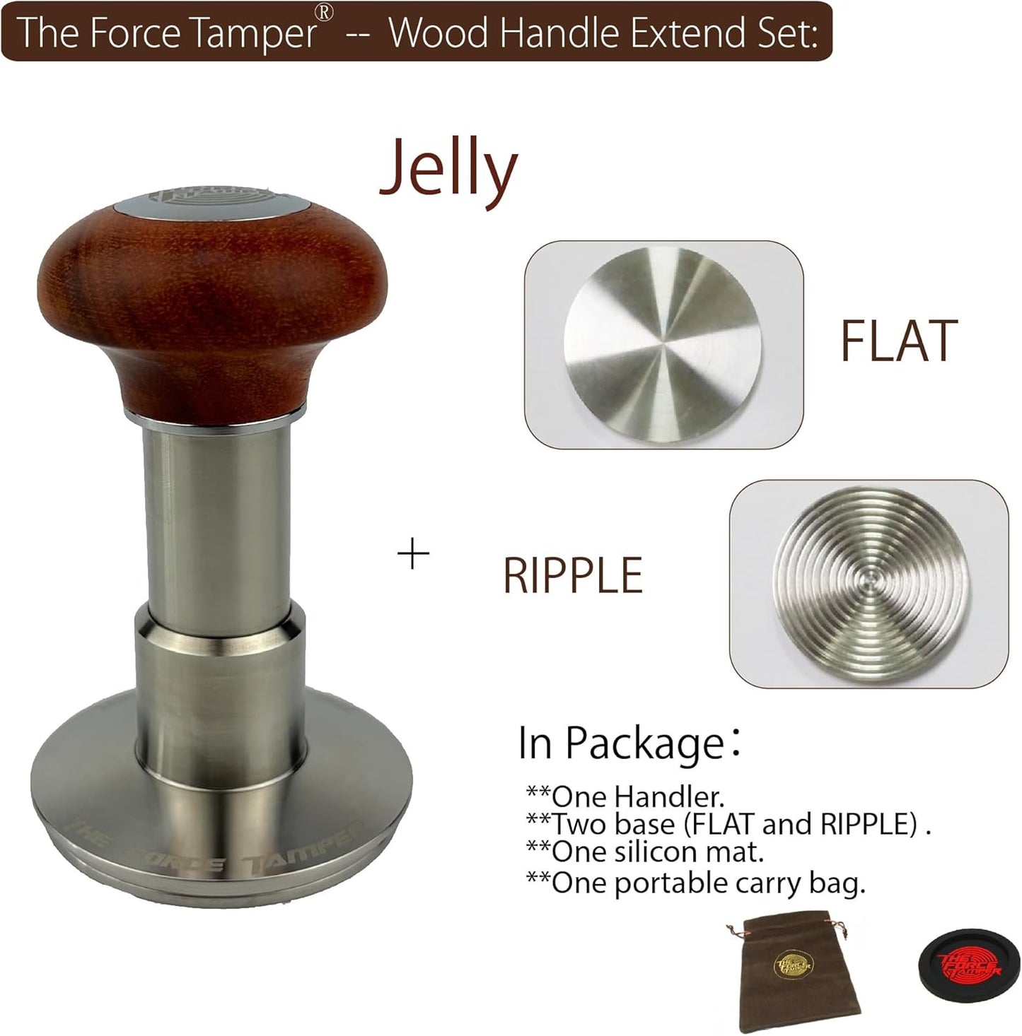 The Force Tamper-Espresso Coffee Tamper Coffee Press Tool Food Grade Stainless Steel Base Extend Set (Jelly, 58.50mm)