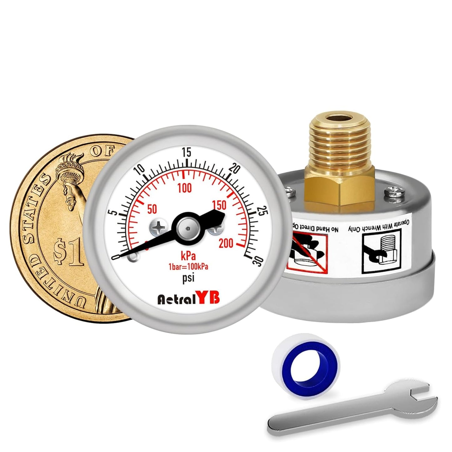 30Psi/200Kpa Mini Pressure Gauge,Stainless Steel Housing,Brass Internal,1.2 Inch Dial,NPT 1/8" Back Mount,Dry Type,Lead-Free Material, for Air,Water,Oil Pressure Test