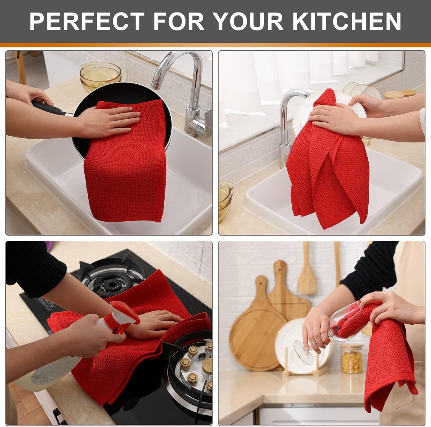 Kitinjoy 100% Cotton Waffle Weave Kitchen Towels, 8-Pack Super Soft and Absorbent Dish Towels for Drying Dishes, Kitchen Hand Towels, 13 in x 28 in, Red