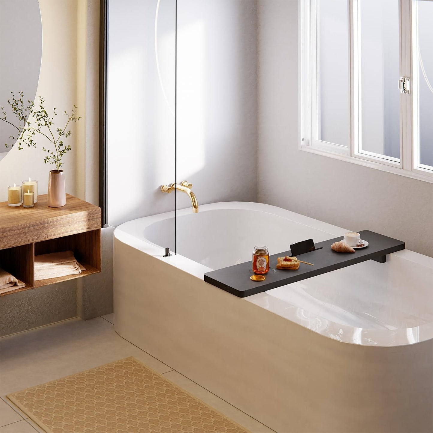 Tinamo Black Bathtub Caddy Tray Table | 35x9x2.5 Inch Large Bath Tub Tray Wooden | Anti-Tipping, Sustainable Tub Tray for Bathtub | Bathtub Accessories Holders for Bathtub (Acacia Wood)