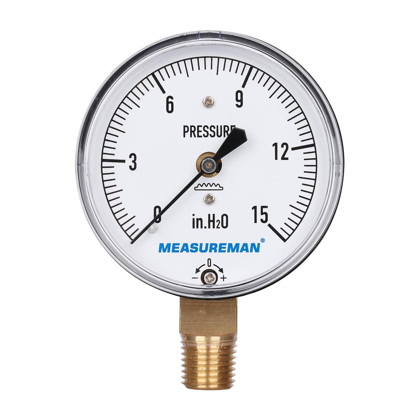 MEASUREMAN Diaphragm Type Capsule Low Pressure Gauge, 2-1/2" Dial, 1/4" NPT Lower Mount, Adjustable, 0-15 in H2O(Inches of Water)