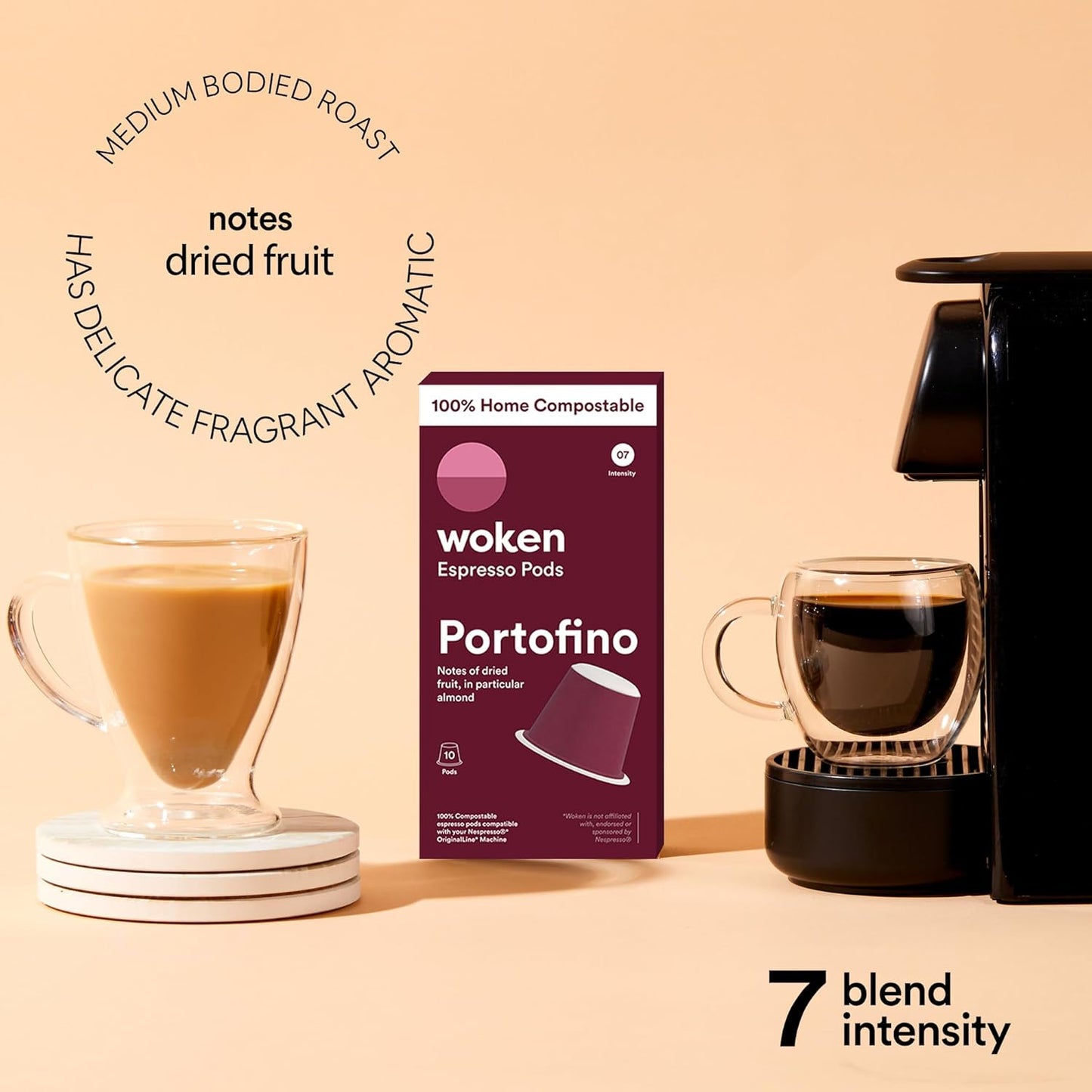 WOKEN COFFEE Compostable Nespresso Pods - Portofino Medium Roast Italian Espresso Coffee Capsules Compatible With Nespresso Coffee Machine (80 Pod Count, 8 Boxes)