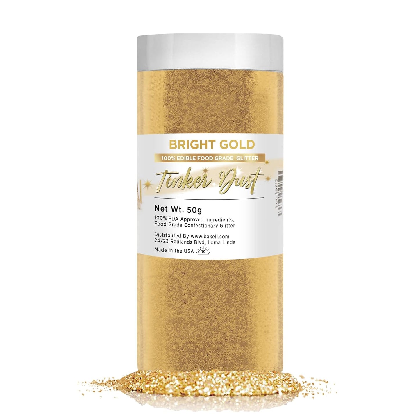 BAKELL Bright Gold Edible Glitter, 50 Grams | TINKER DUST Edible Glitter | KOSHER Certified | 100% Edible Glitter | Cakes, Cupcakes, Cake Pops, Drinks, Dessert Vegan Glitter & Dusts (50g, Bright Gold)