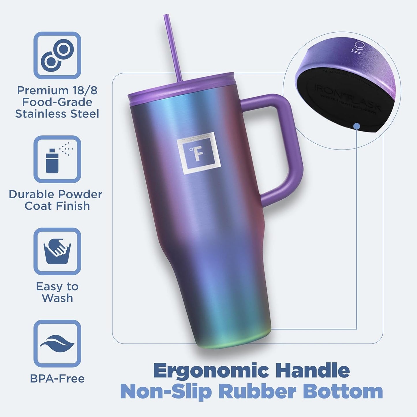 IRON °FLASK Co-Pilot Insulated Mug w/Straw & Flip Cap Lids - Cup Holder Bottle for Hot, Cold Drink - Leak-Proof - Water, Coffee Portable Travel Mug - Apple Green, 32 Oz