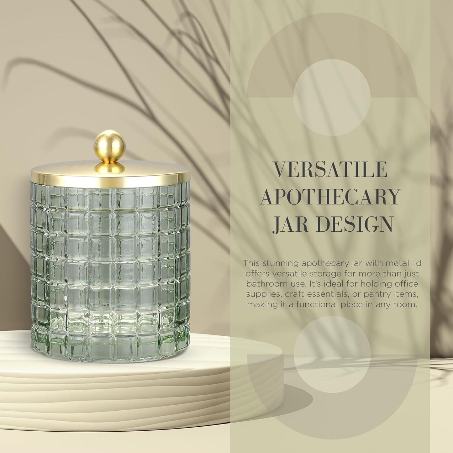 Glass Jar with Metal Lid for Bathroom Organization, Clear Apothecary Jar for Cotton Balls, Q Tips, and Small Accessories, Stylish Bathroom Storage Container Sage Green, Gold