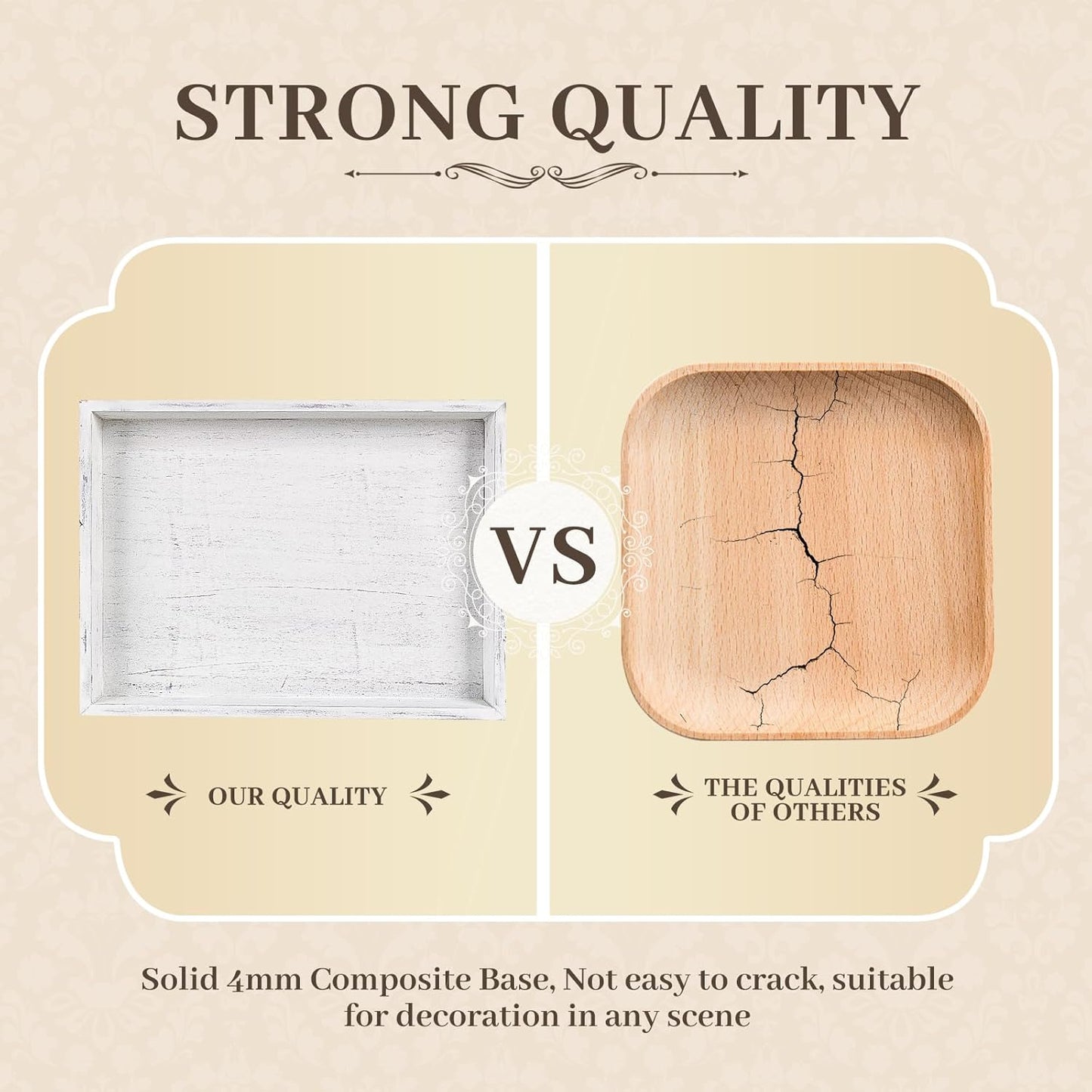 Wooden Decorative Tray, Rectangular Serving Tray with Wood Bead, Farmhouse Big Tray for Ottoman, Countertop, Coffee Tabl, 16.5" x 13"x 1.6" (Retro White)