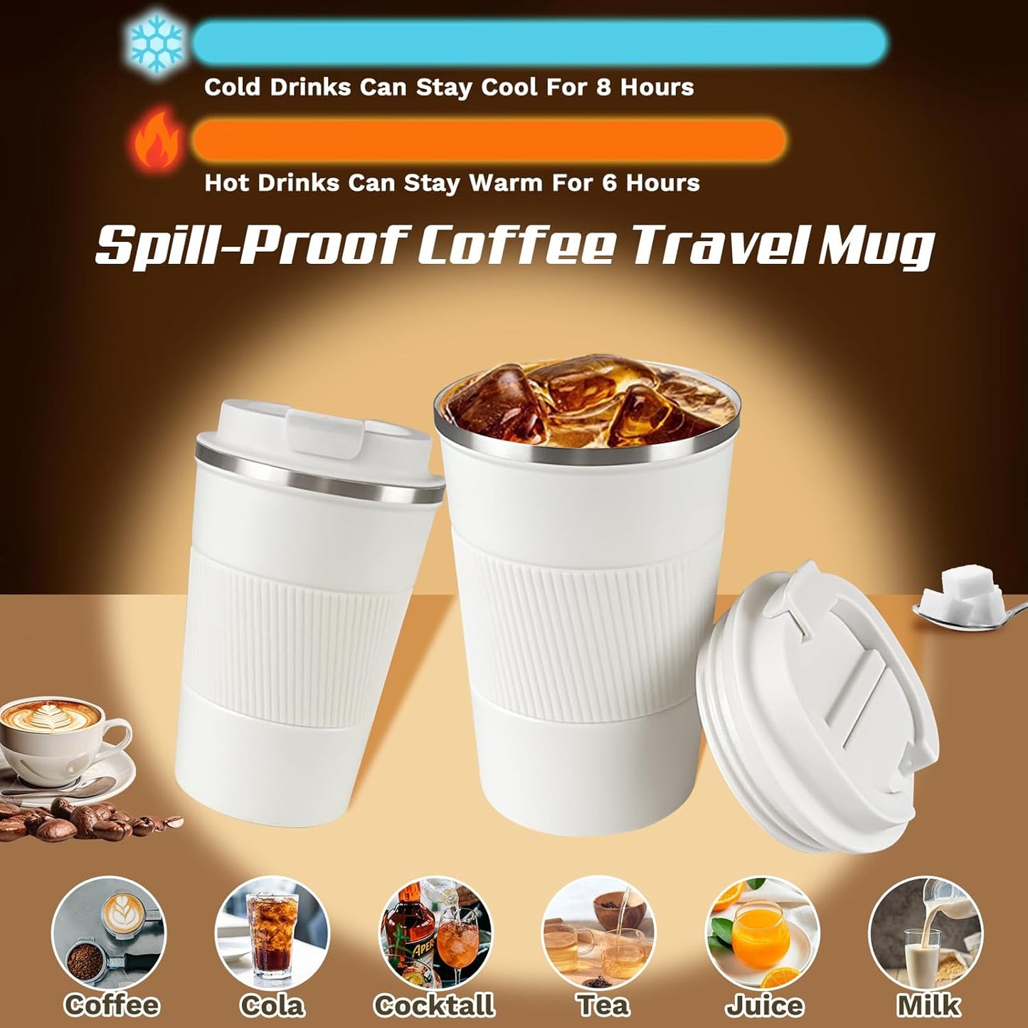 Vacuum-Insulated Stainless Steel Travel Coffee Mug, Leak-Proof Reusable Coffee Cup with Lid - Keep Hot & Cold Drinks for Hours, Durable Thermos Tumbler for Men & Women (3rd-White, 12OZ)