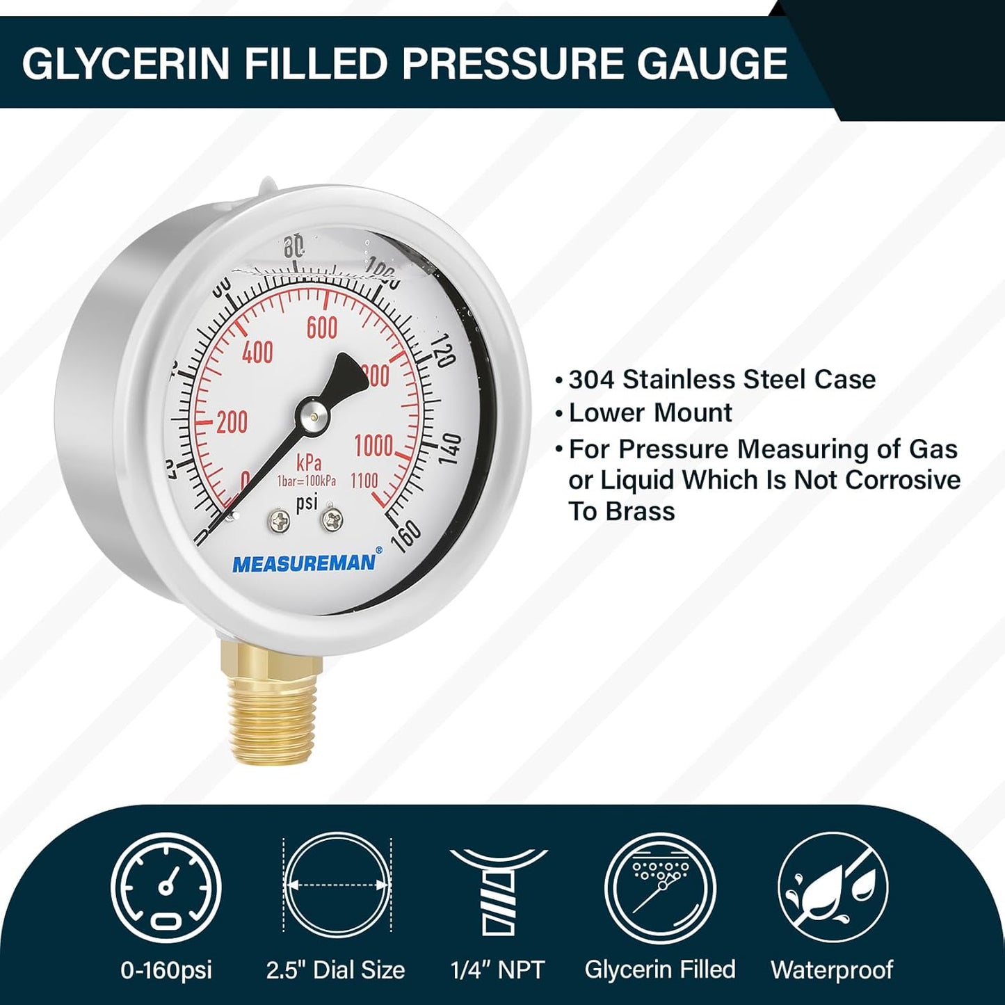 MEASUREMAN 2-1/2inch Dial Size, Oil Filled Pressure Gauge, 0-160psi/kpa, 304 Stainless Steel Case, 1/4inchNPT Lower Mount