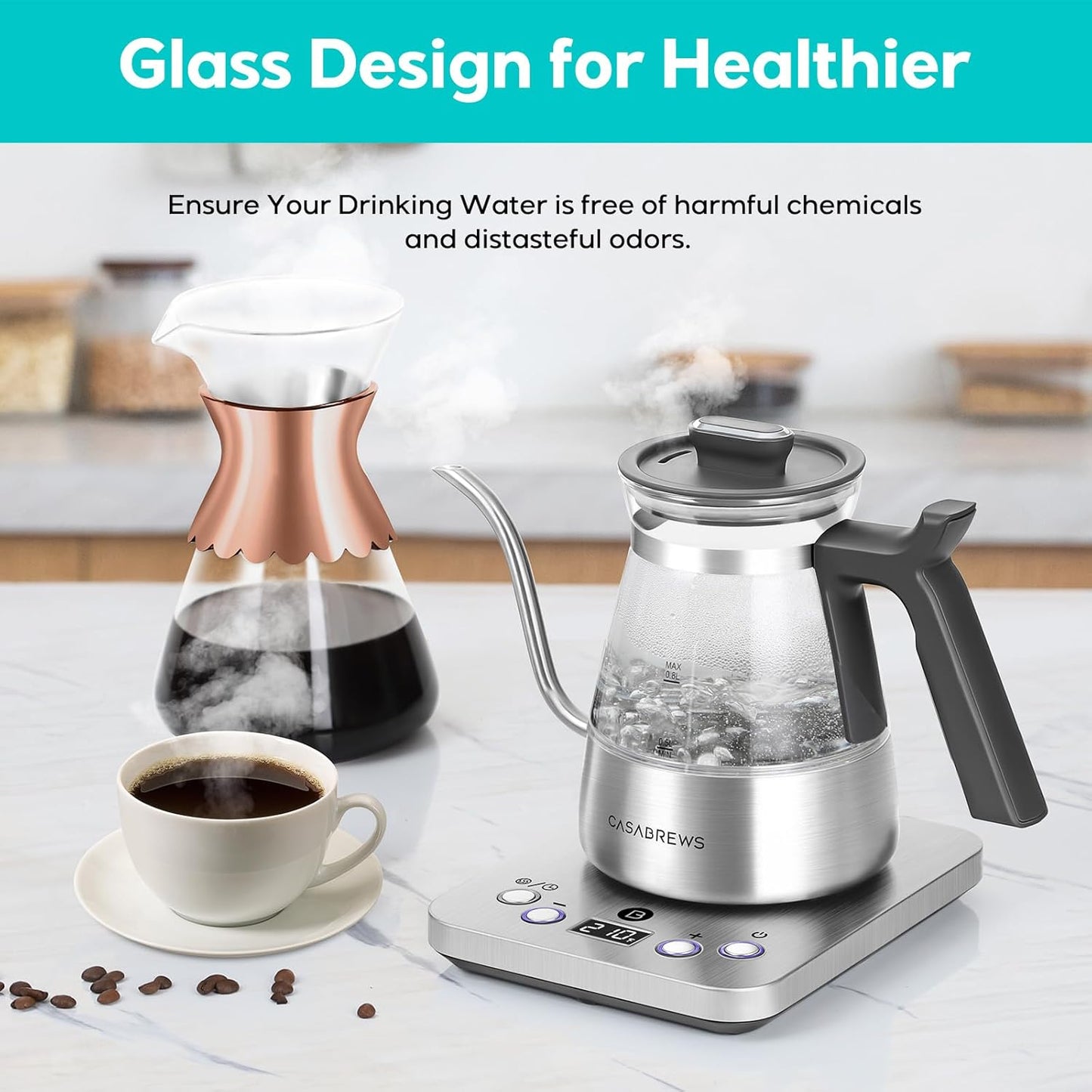 CASABREWS KEG5831 Gooseneck Electric Kettle, Stainless Steel Glass with Temperature Control & Reservation Time Function, Pour Over Kettle for Coffee & Tea, Fast Boiling, Auto Shut-Off, 1200W/0.8L