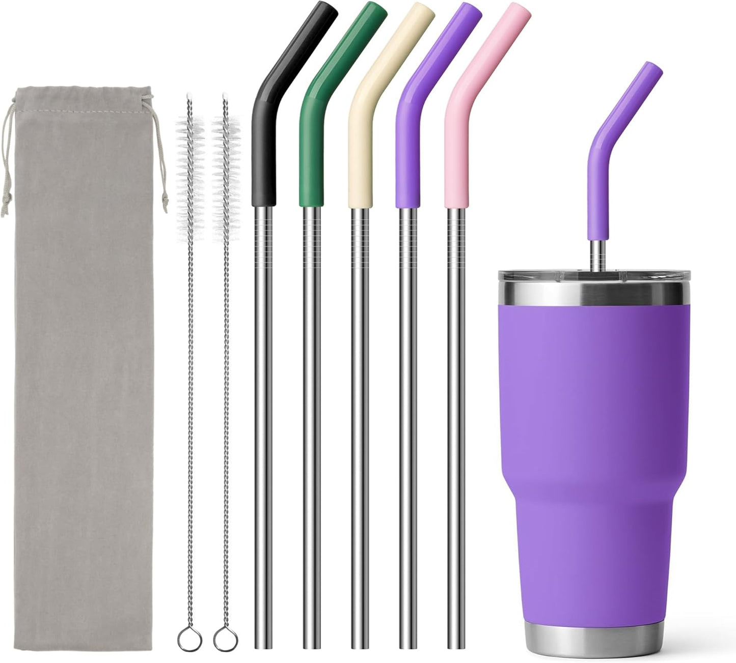 Stainless Steel Straw for 30 oz YETI Tumbler, Metal Straws Reusable with Silicone Tip for Simple Modern 24 oz and 32oz Glass Tumbler, Cleaning Brush, 1 Portable Bag