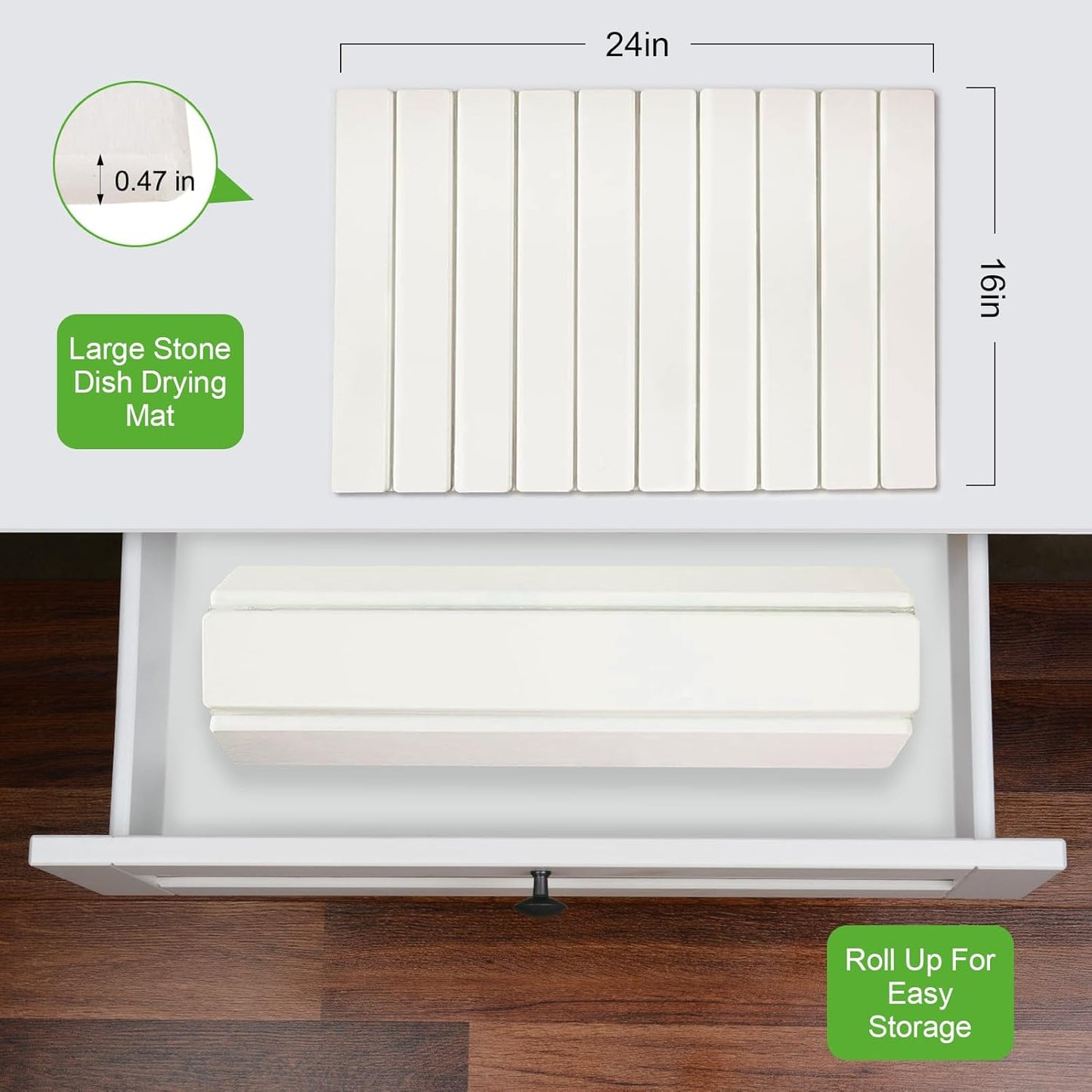 Large Stone Dish Drying Mats for Kitchen Counter, 24"×16", Collapsible quick dry stone mat kitchen, Eco-Friendly, Absorbent Diatomaceous Earth Mats for Dishes Bottles Cups, Match Any Countertop