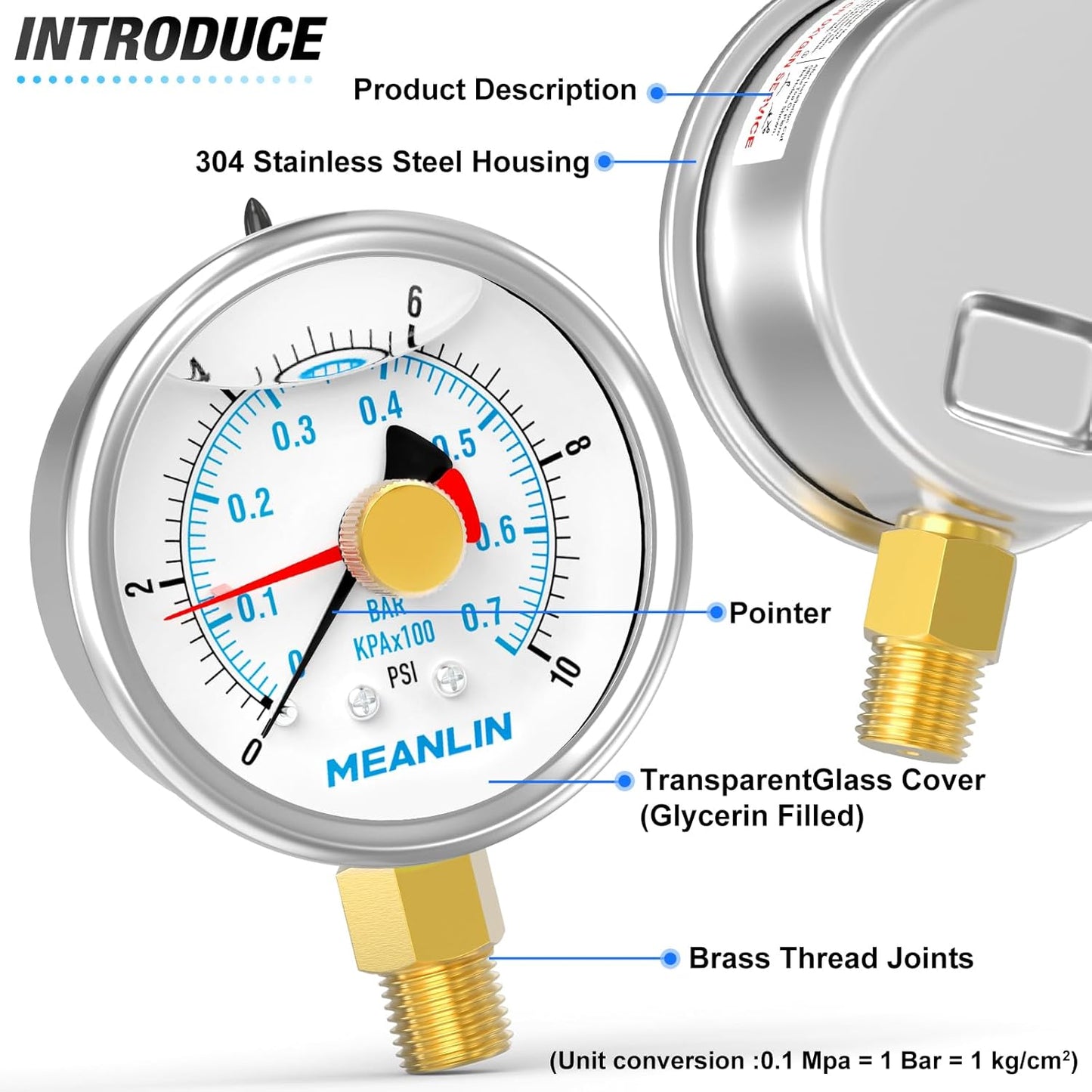 MEANLIN MEASURE 0~10Psi Stainless Steel 1/4" NPT 2.5" FACE DIAL with Reset Pointer Liquid Filled Pressure Gauge WOG Water Oil Air, Lower Mount, with Brass Hex Bushing