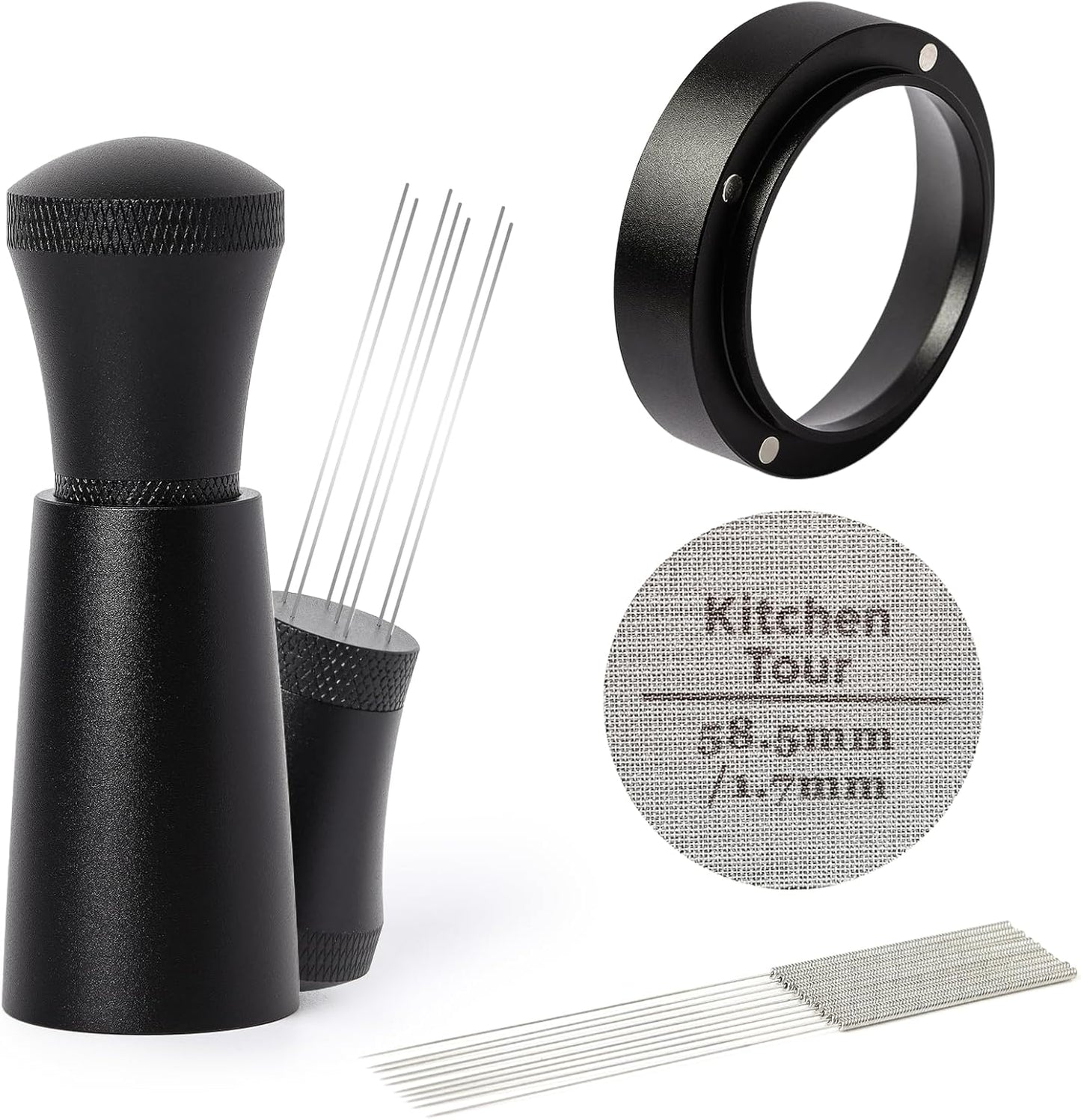 KitchenTour Espresso Accessories Kit 58mm, WDT Tool, Dosing Funnel and Puck Screen Set, 304 Stainless Steel Needle Coffee Distribution Stirrer, Portafilter Dosing Ring for Barista 58mm