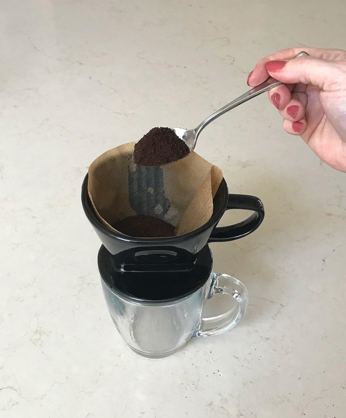 Simply Charmed Coffee Pour Over Single Cup Ceramic Brewer Coffee Maker with Melitta Filters (Black) 8-16 oz Depending on How Much Water/Grounds You Use