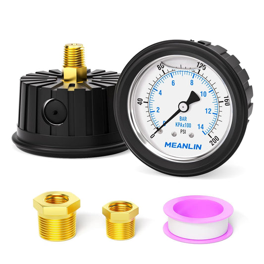 MEANLIN MEASURE 0~200Psi Stainless Steel 1/4" NPT 2.5" FACE DIAL,Liquid Filled Pressure Gauge, Center Back Mount (with Rubber Protective Sleeve), with 1/2" NPT and 3/8" NPT Hex Bushing