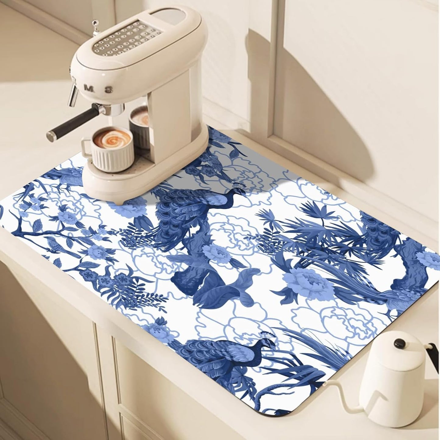 Blue Peacocks Birds Coffee Bar Mat, Rubber Backing, Dish Drying Mat for Kitchen Counter, Absorbent Coffee Maker Mats for Countertop, Heat Resistant, Coffee Flavor Menu,15.7"x11.8 " Small