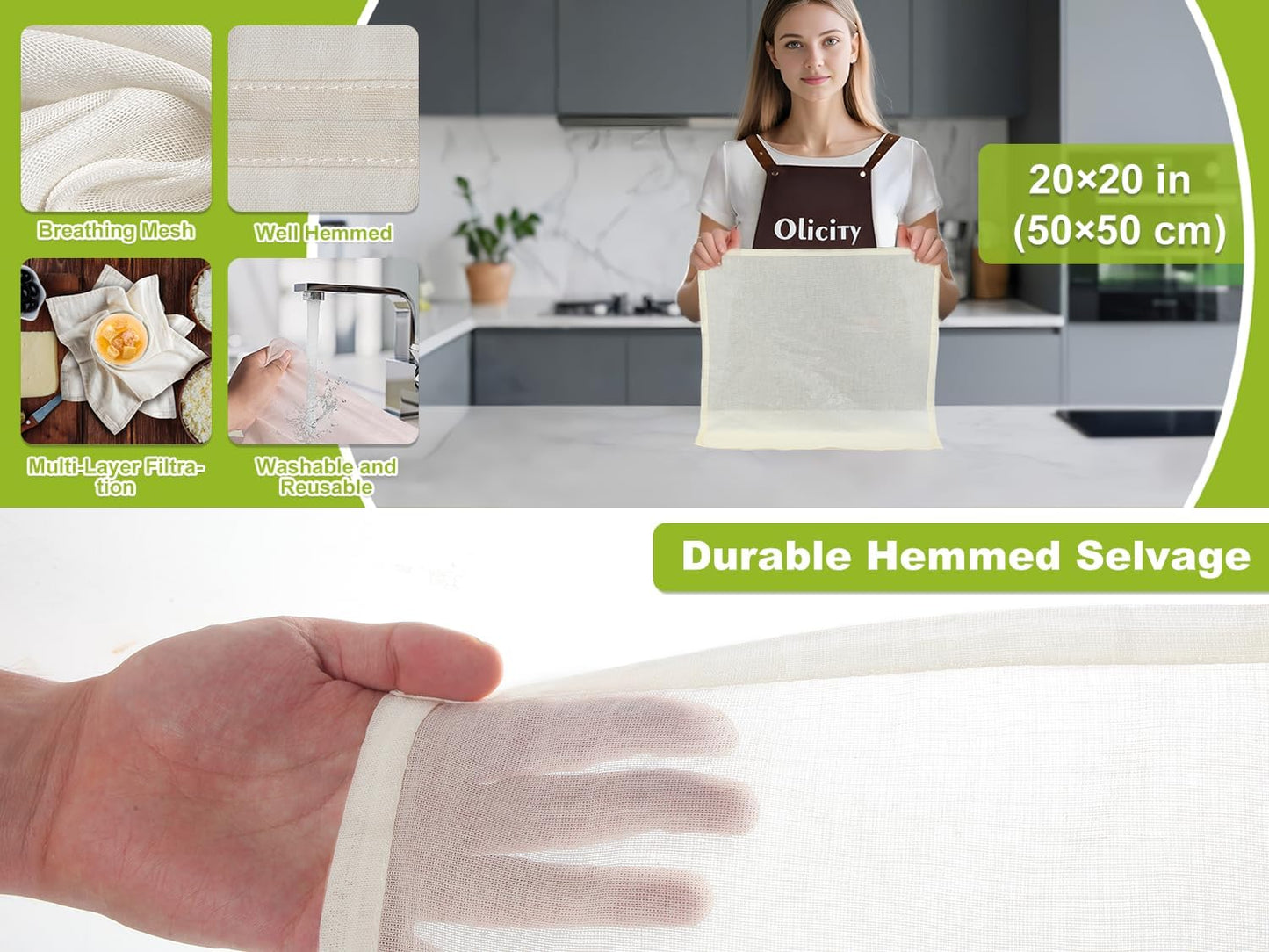 Organic Cheese Cloths, GOTS Certified, 5PCS, Grade 100, 20x20Inch Hemmed Cheese Cloth Fabric Reusable Fine Mesh Cloth, 100% Cotton Unbleached Muslin Cheesecloth for Straining, Cooking, Butter,Tofu,Tea