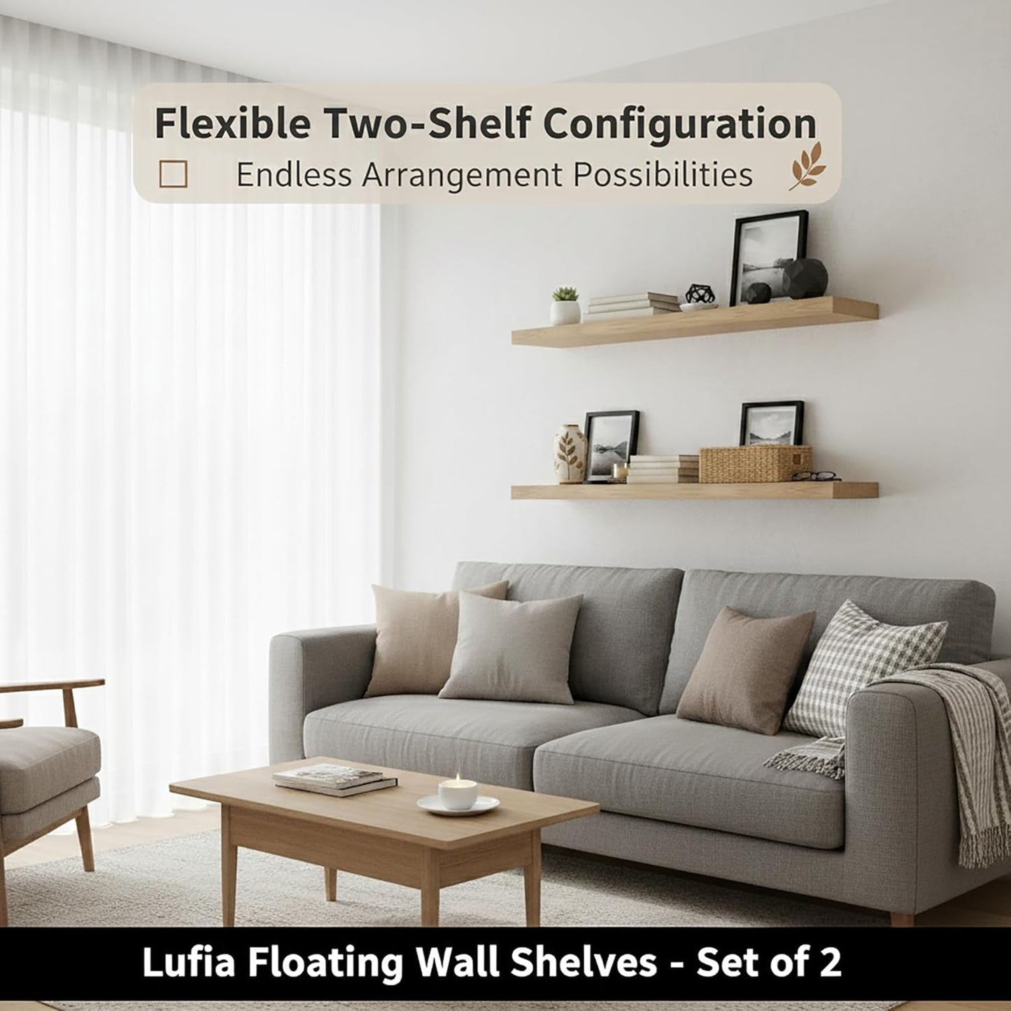 Lufia Floating Wall Shelves, Set of 2, MDF with Invisible Brackets, Modern Storage for Bedroom, Bathroom, Living Room, Kitchen (Oak, 32" W X 7" D X 1.5" H)