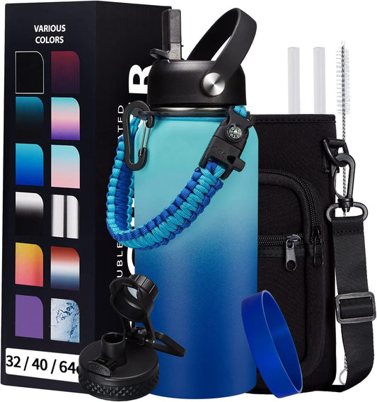 Stainless Steel Flask Water Bottle - 32oz/40oz/64oz Insulated Water Bottle with Straw & Spout Lids, Paracord Handle, Strap Sleeve, Protective Cup Mat, Hydro Thermo Perfect for Sports Office