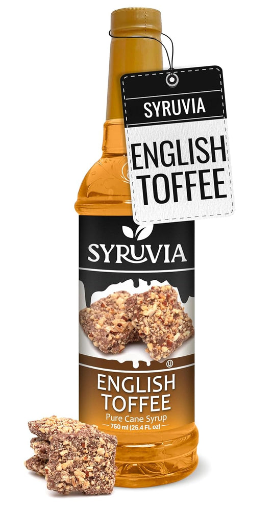 Syruvia English Toffee Coffee Syrup - 25.4 fl oz. Kosher and Gluten-Free. Perfect for enhancing drinks, sodas, shakes, desserts, and more.