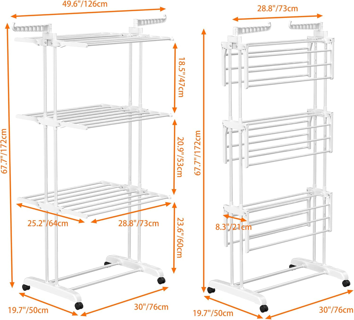 HOMIDEC Clothes Drying Rack, Large 4-Tier Foldable Drying Rack Clothing(67.7H x 19.7W x 30L Inches), Movable Drying Rack with 4 castors. Multifunctional Stainless Steel Laundry Drying Rack, White