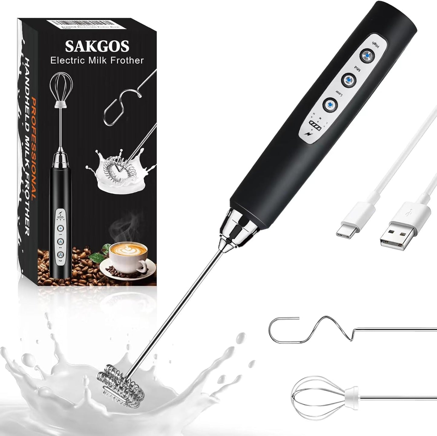 Milk Frother Rechargeable Handheld-Electric Whisk 3 Speed Adjustable, Frother Wand Coffee with 3 Stainless Whisks, Electric Foam Maker, Drink Mixer Blender for Latte Cappuccino Matcha Egg