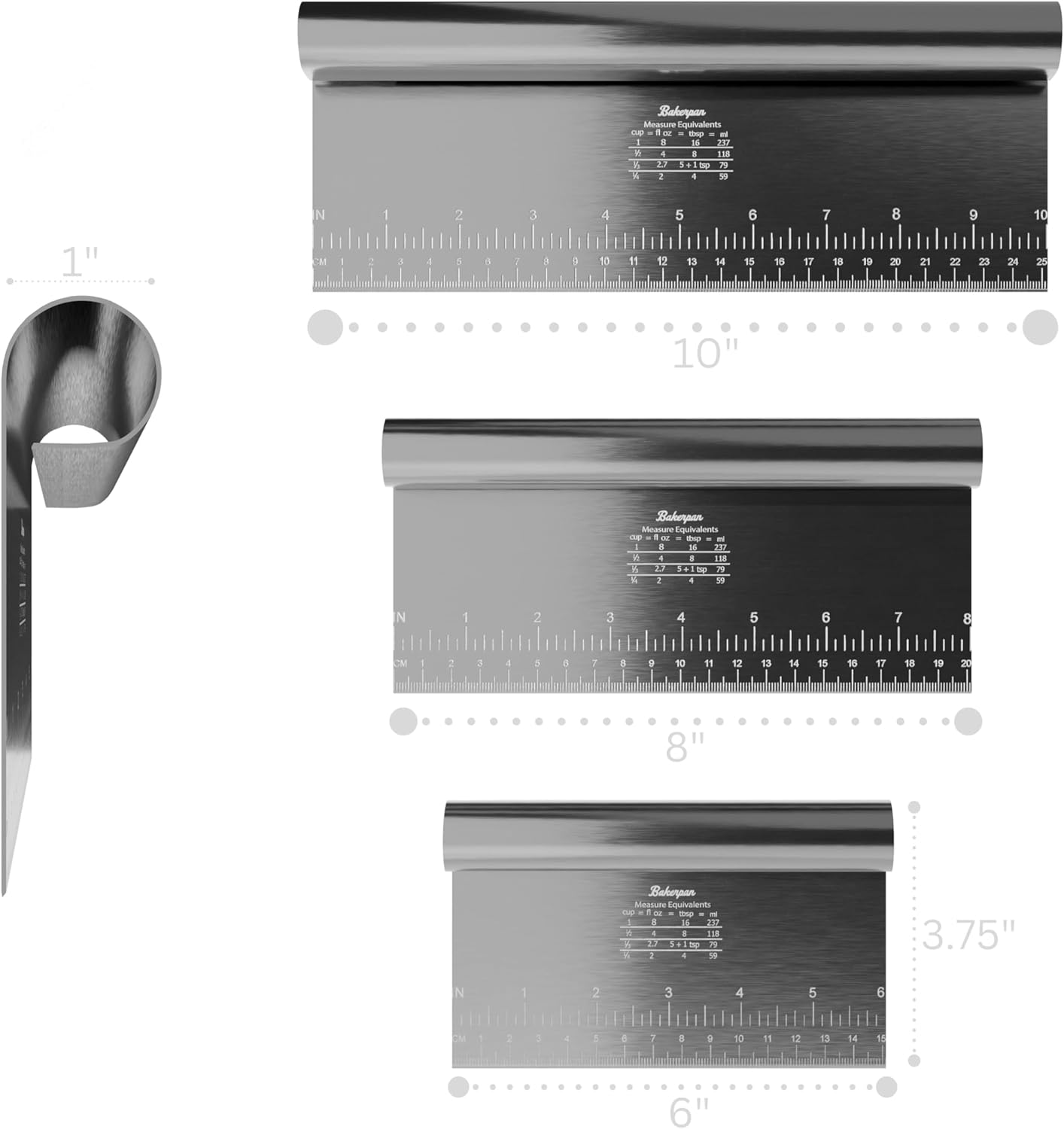 Bakerpan Stainless Steel Heavy Duty Dough Cutter, 3 Size Set - Metal Bench Scraper Kitchen Utensils, Chopper, Pizza and Pastry Cutter Tool, 10, 8, 6 Inch