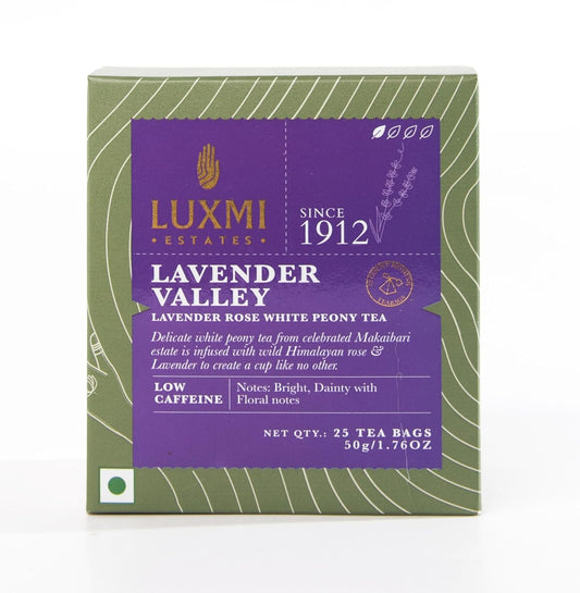 Luxmi Estates Lavender Valley Organic Lavender Tea (25 Tea Bags) Low Caffeine Tea Bags For Sleep, Relaxing, Calming, and Stress Relief, With Certified Organic Darjeeling Makaibari White Tea